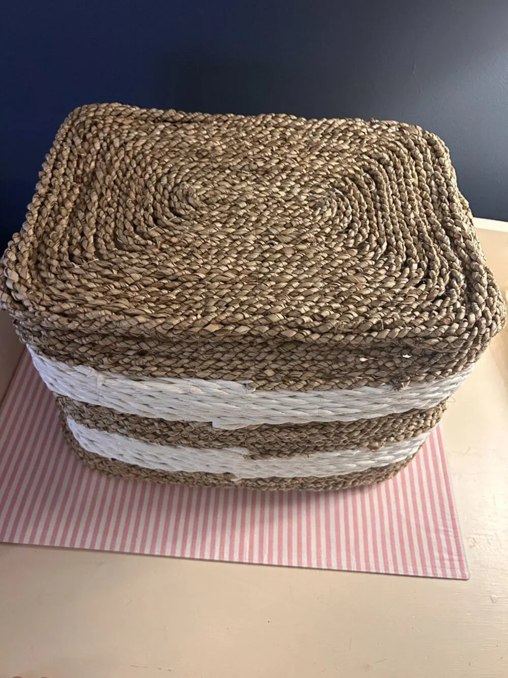 Rattan White and Tan Striped Basket With Handles